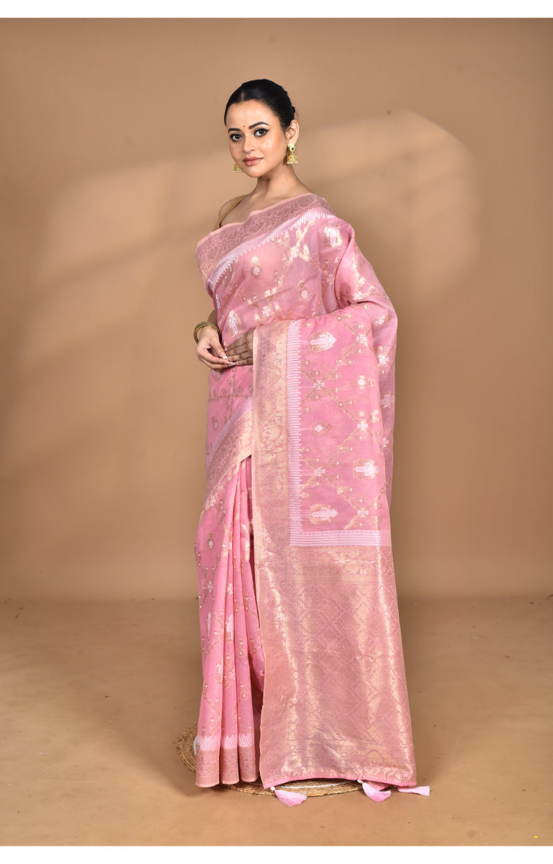 Morchari Banarasi Silk Chanderi Saree-Pink | Grocsy