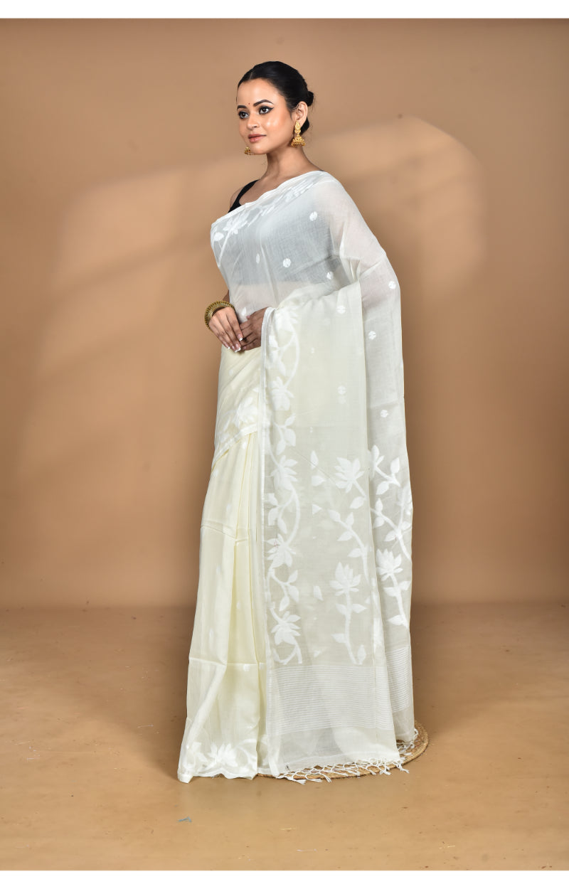 Morchari Pure Cotton Dhakai Jamdani Handloom Saree-Cream | Grocsy
