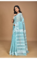 Morchari Pure Cotton Dhakai Jamdani Handloom Saree-Turquoise Blue | Grocsy