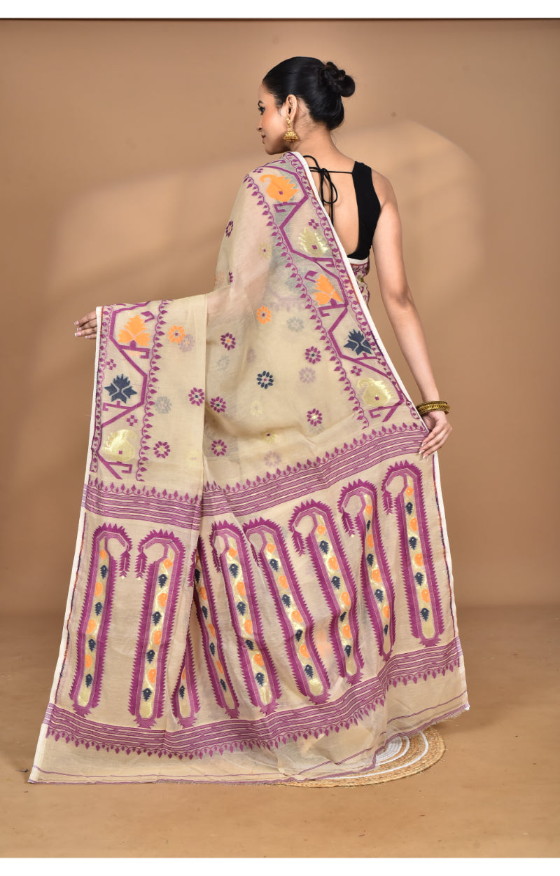 Morchari Pure Cotton Dhakai Jamdani Handloom Saree-Beige | Grocsy