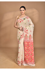 Morchari Pure Cotton Dhakai Jamdani Handloom Saree-Cream | Grocsy