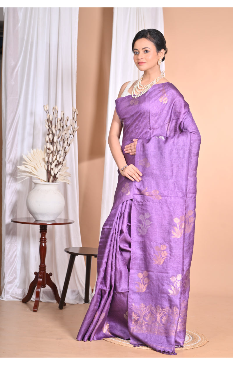 Morchari Pure Tussar Silk Handloom Saree-Purple | Grocsy