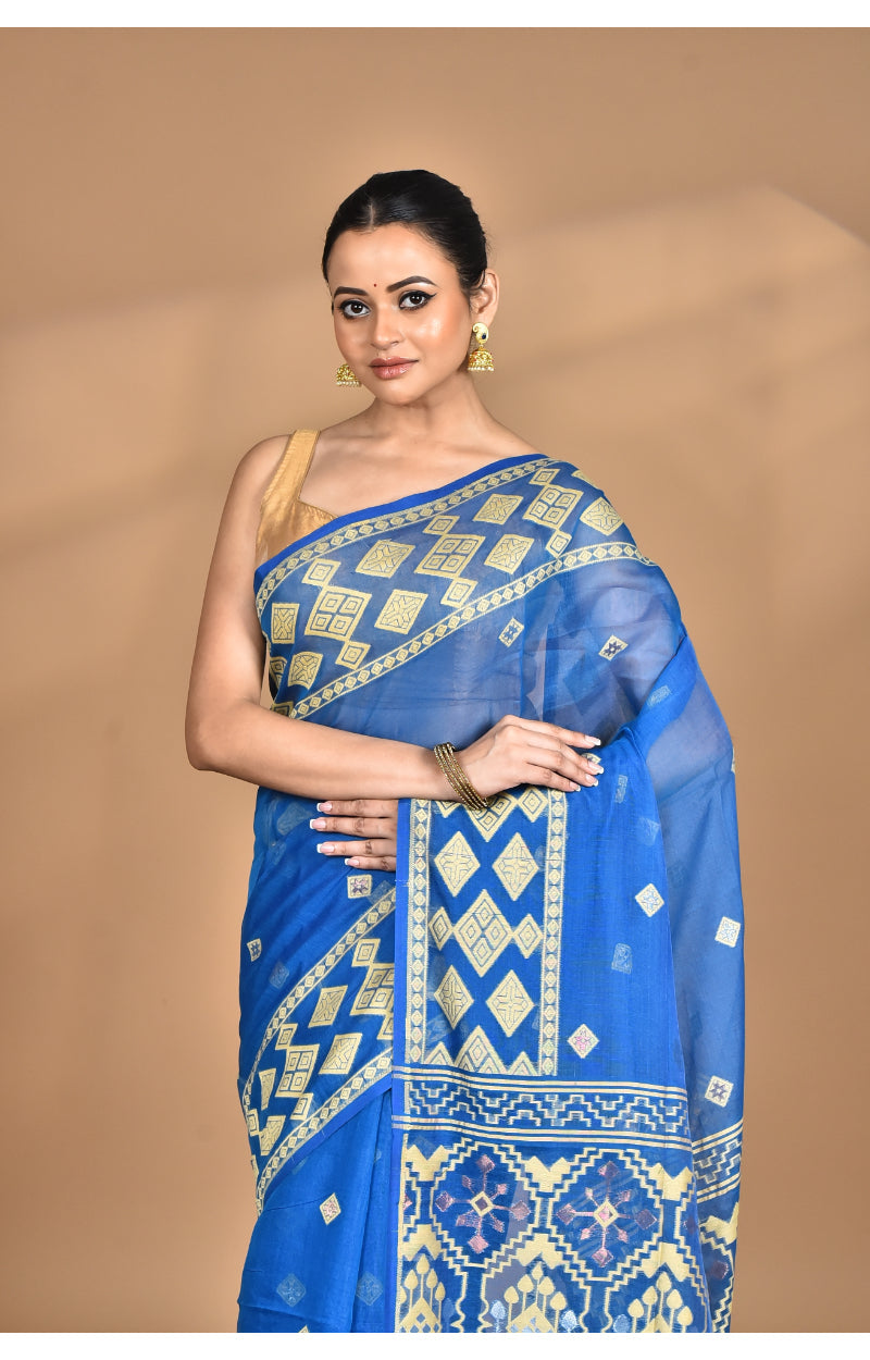 Morchari Pure Cotton Dhakai Jamdani Handloom Saree-Navy Blue | Grocsy