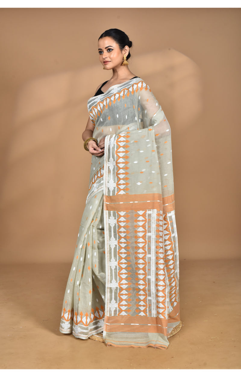 Morchari Pure Cotton Dhakai Jamdani Handloom Saree-Beige | Grocsy