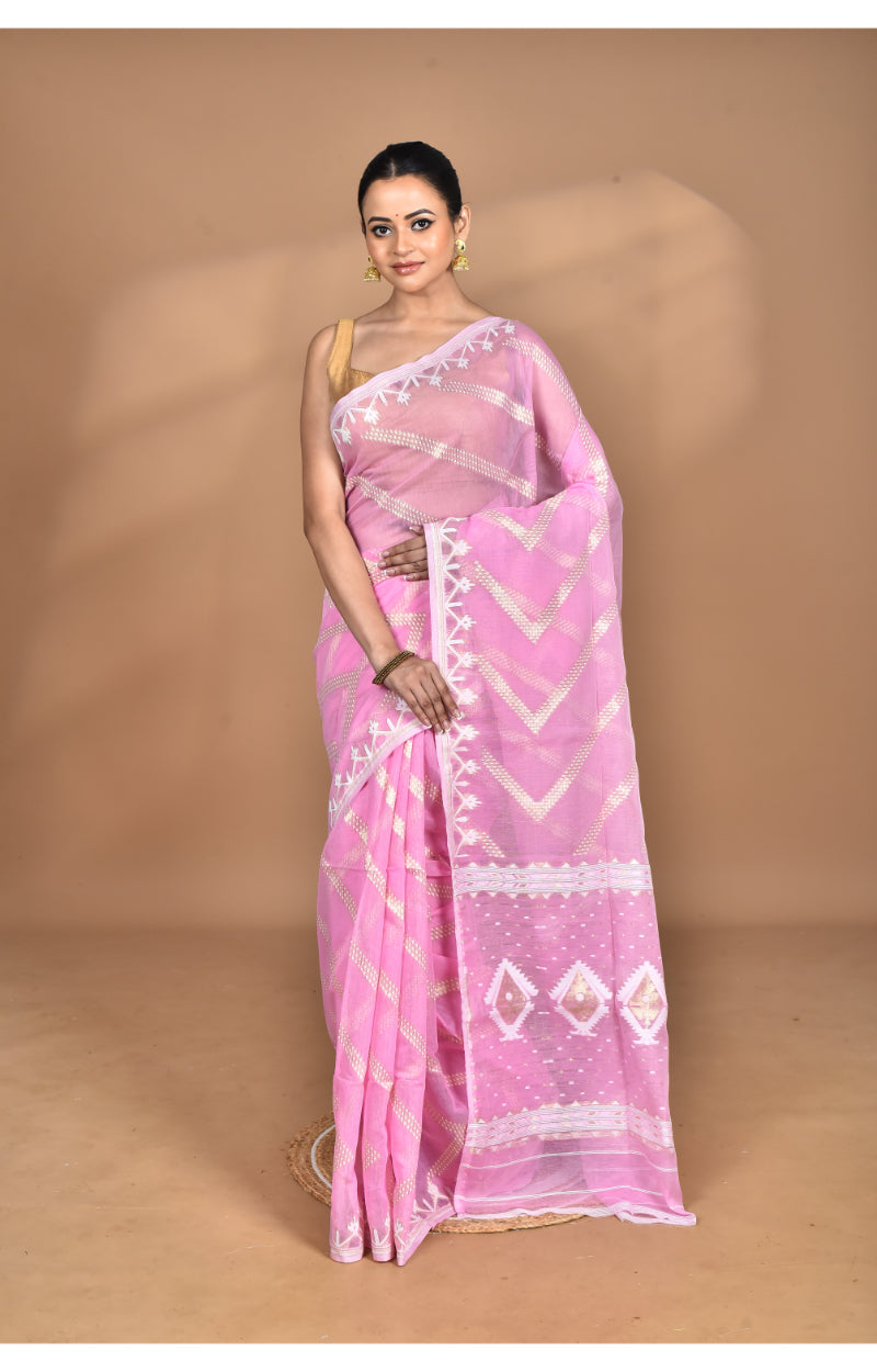 Morchari Pure Cotton Dhakai Jamdani Handloom Saree-Pink | Grocsy
