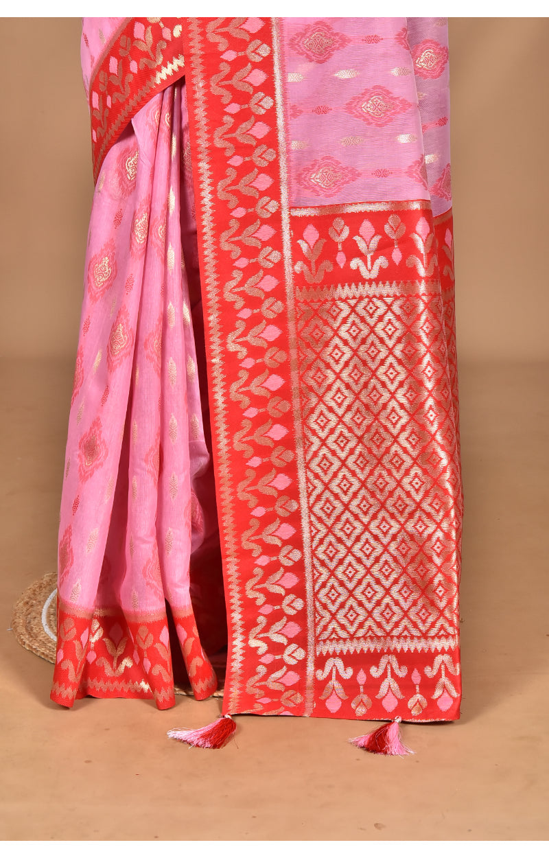 Morchari Women Desgin Kashmiri Silk Linen Saree-Pink | Grocsy