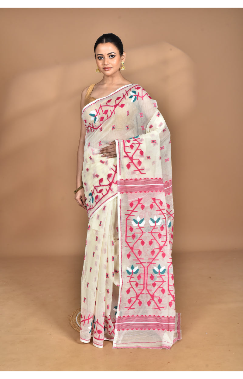 Morchari Pure Cotton Dhakai Jamdani Handloom Saree-Cream | Grocsy