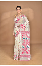 Morchari Pure Cotton Dhakai Jamdani Handloom Saree-Cream | Grocsy