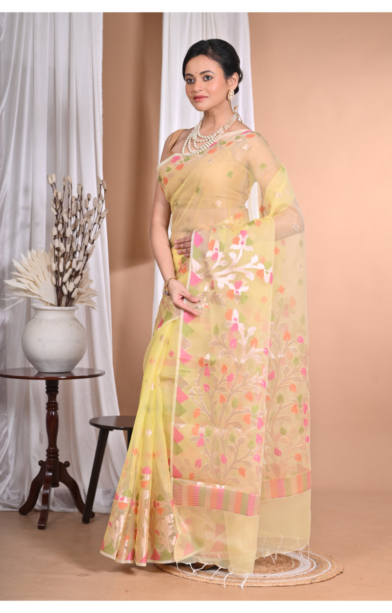 Morchari Heavy Jamdani Silk Orzanga Saree-Yellow | Grocsy