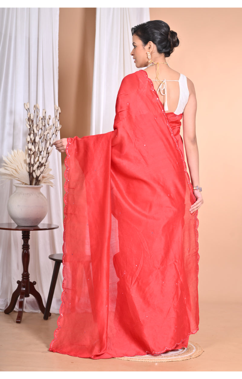 Morchari Pure Chandari Mirror Work Saree-Red | Grocsy