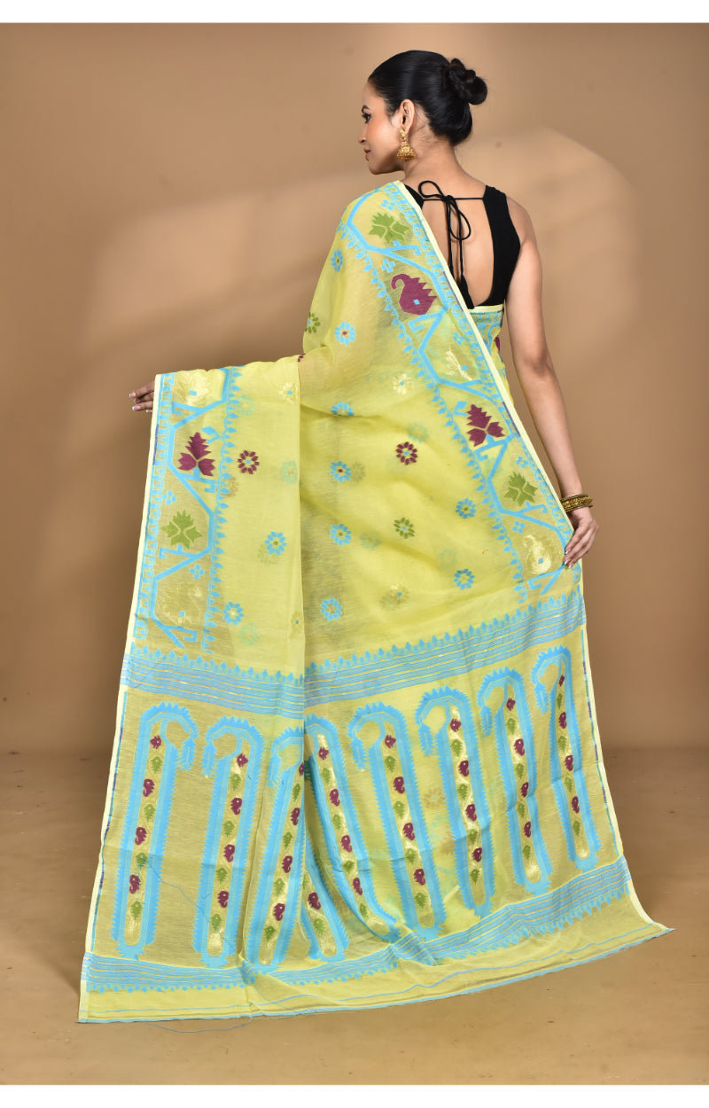 Morchari Pure Cotton Dhakai Jamdani Handloom Saree-Yellow | Grocsy