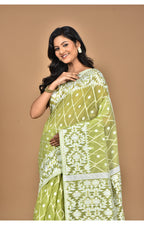 Morchari Pure Cotton Dhakai Jamdani Handloom Saree-Green | Grocsy