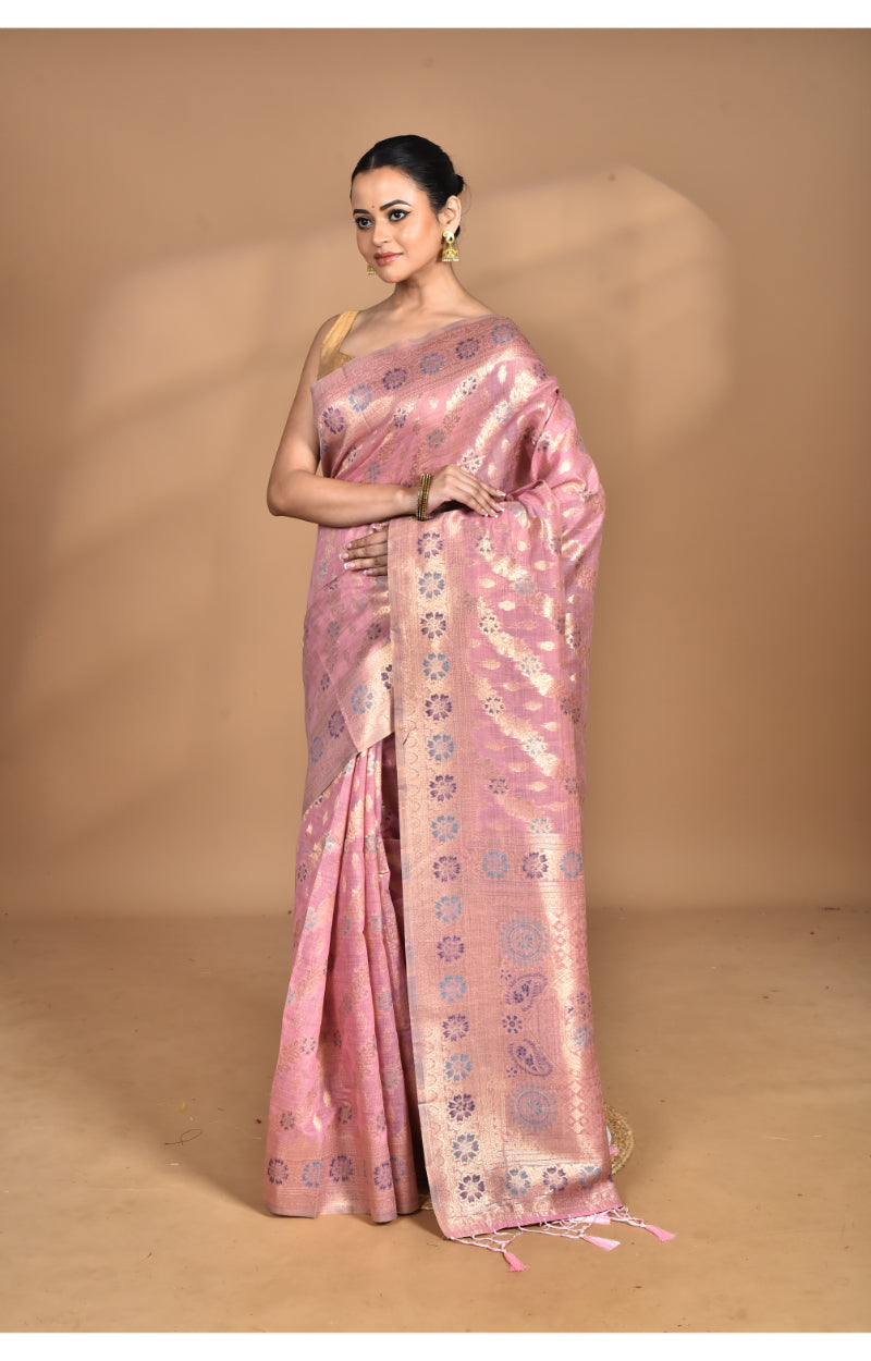 Morchari Banarasi Silk Chanderi Saree-Pink | Grocsy