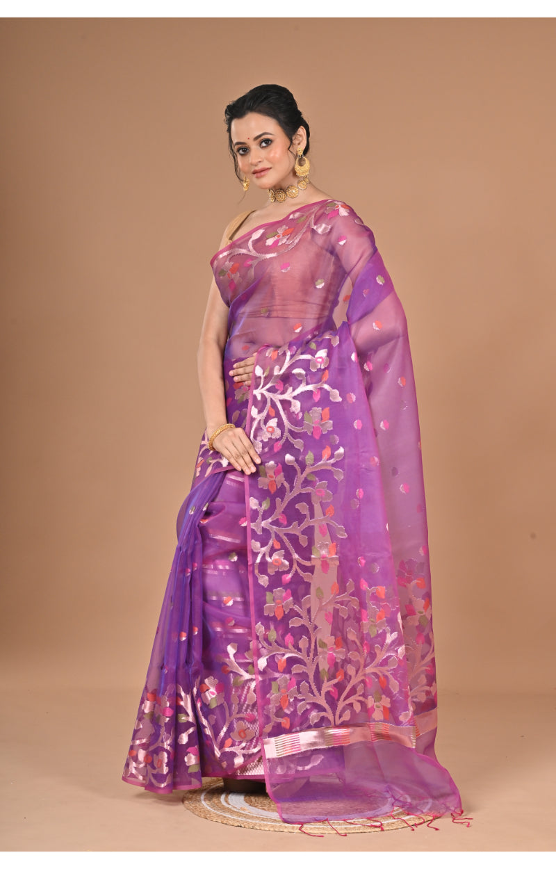Morchari Semi Orzanga Jamdani Silk Saree-Purple | Grocsy