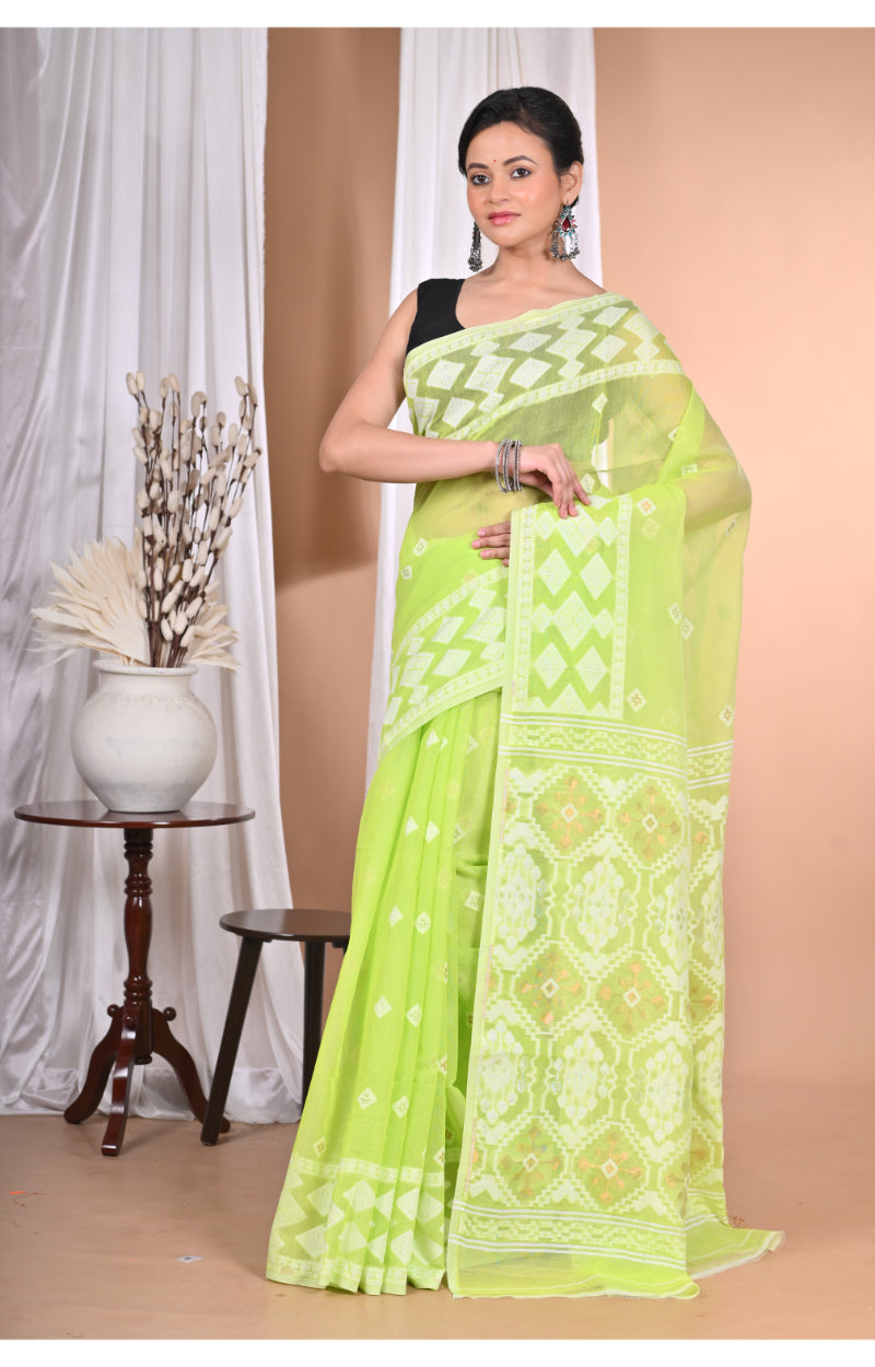 Morchari Pure Cotton Dhakai Jamdani Handloom Saree-Green | Grocsy