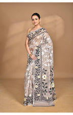 Morchari Pure Cotton Dhakai Jamdani Handloom Saree-Beige | Grocsy
