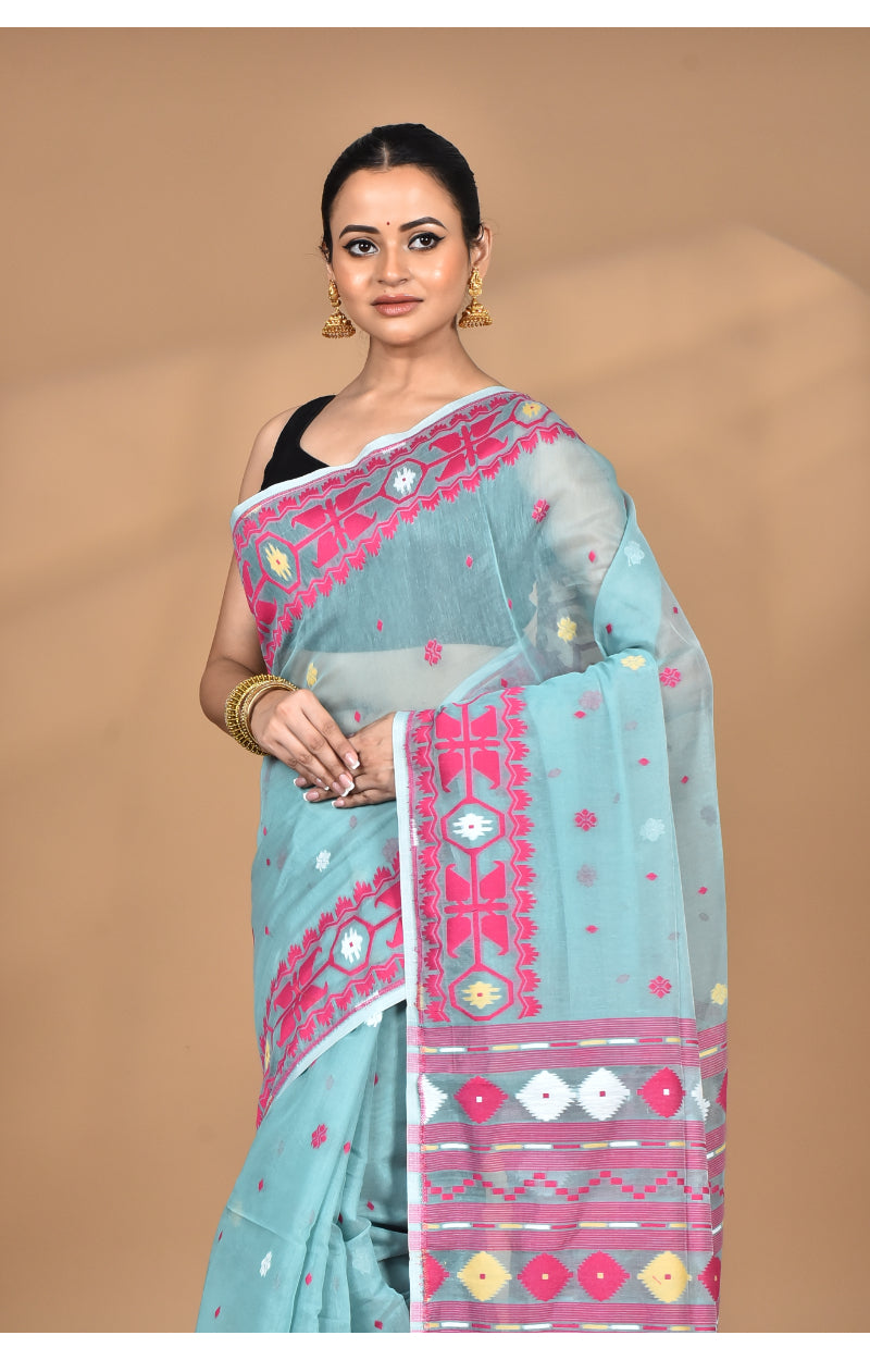 Morchari Pure Cotton Dhakai Jamdani Handloom Saree-Blue | Grocsy