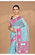 Morchari Pure Cotton Dhakai Jamdani Handloom Saree-Blue | Grocsy