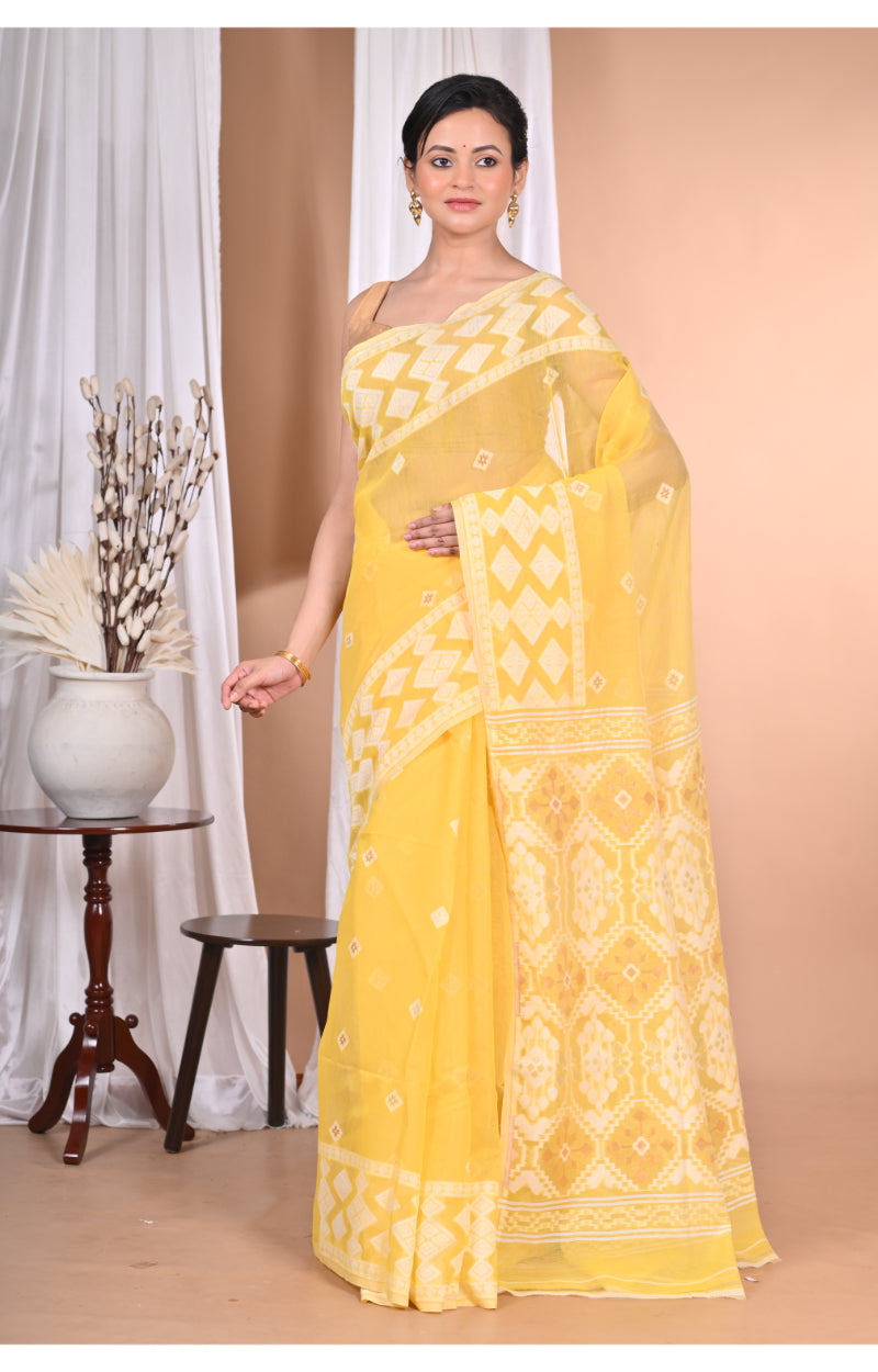 Morchari Pure Cotton Dhakai Jamdani Handloom Saree-Yellow | Grocsy