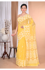 Morchari Pure Cotton Dhakai Jamdani Handloom Saree-Yellow | Grocsy