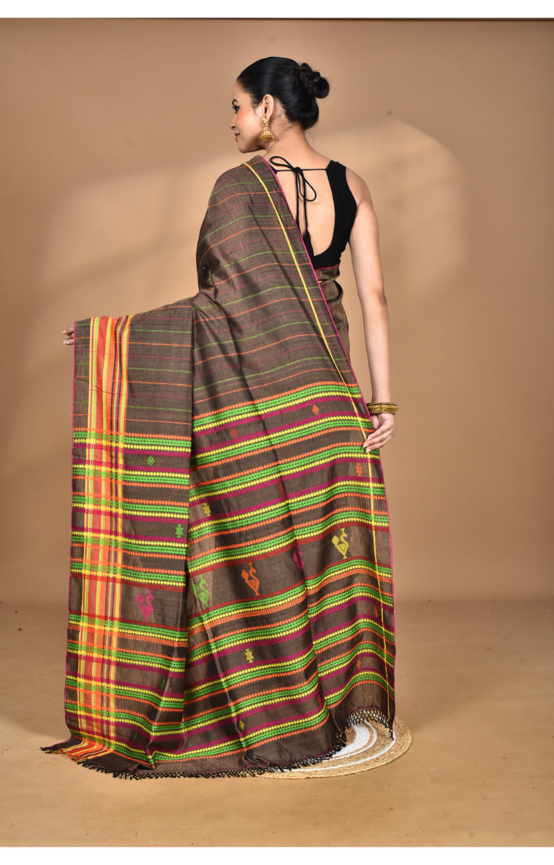Morchari Pure Cotton Dhakai Jamdani Handloom Saree-Coffee Brown | Grocsy