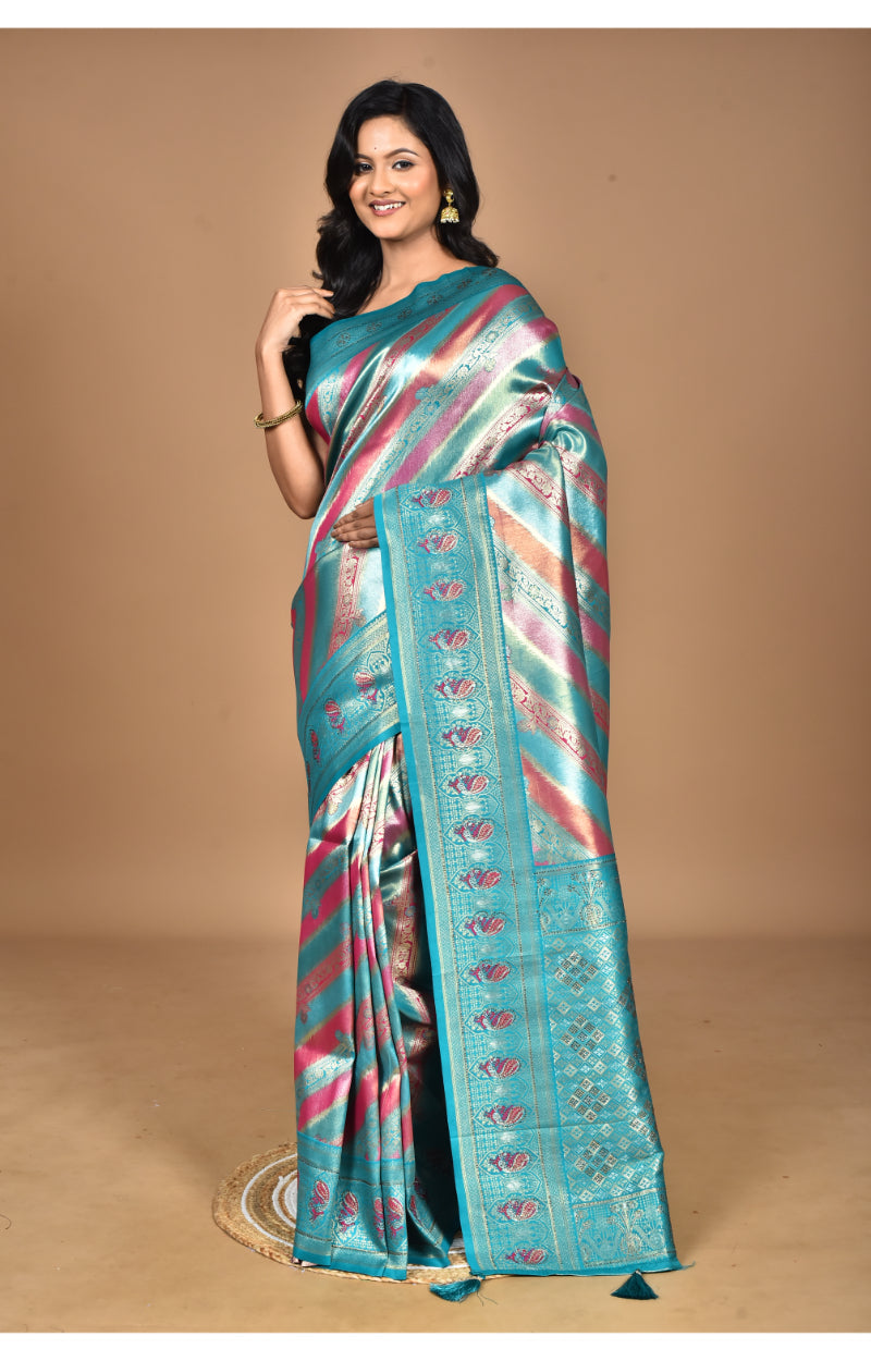 Morchari Ethnic Motifs Silk Blend Dharmavaram Saree-Green | Grocsy