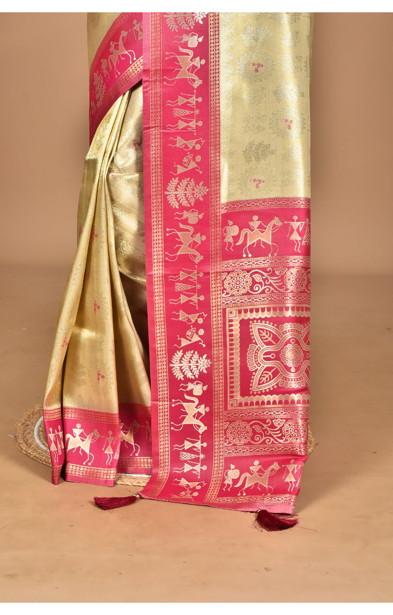 Morchari Women Desgin Two Dai Silk Saree-Beige | Grocsy