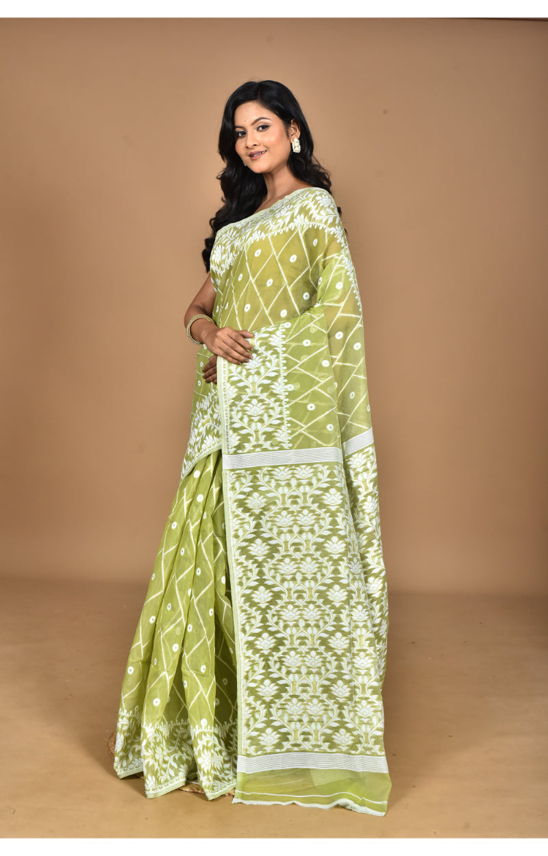 Morchari Pure Cotton Dhakai Jamdani Handloom Saree-Green | Grocsy