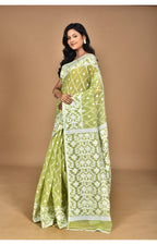 Morchari Pure Cotton Dhakai Jamdani Handloom Saree-Green | Grocsy