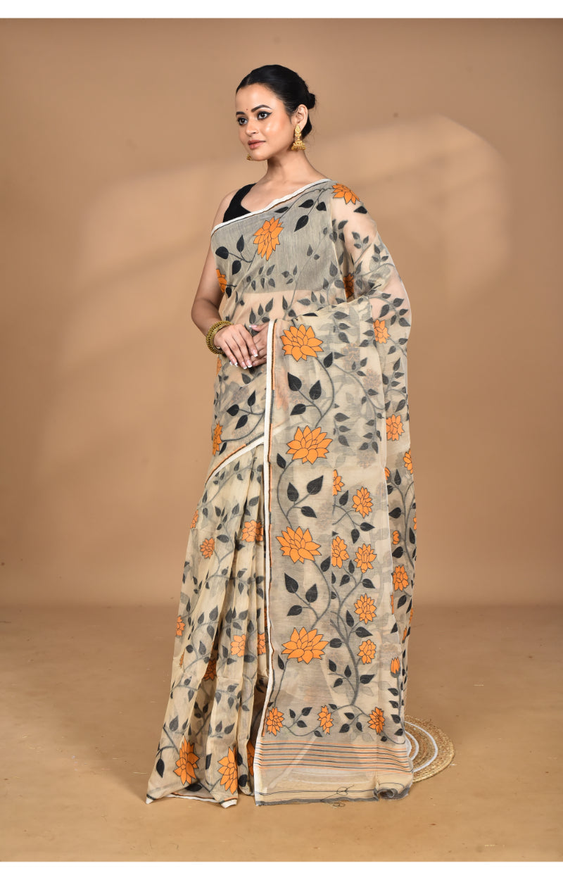 Morchari Pure Cotton Dhakai Jamdani Handloom Saree-Multi | Grocsy