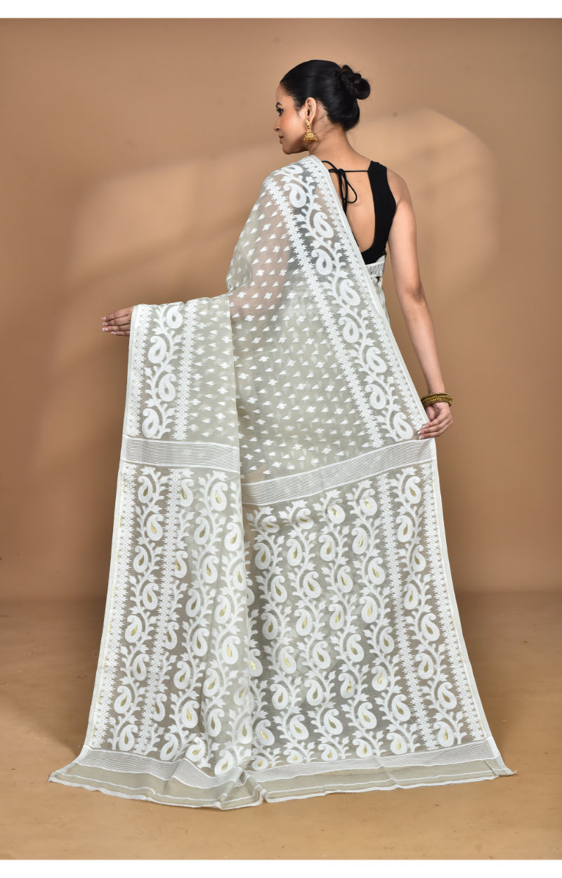 Morchari Pure Cotton Dhakai Jamdani Handloom Saree-Grey | Grocsy