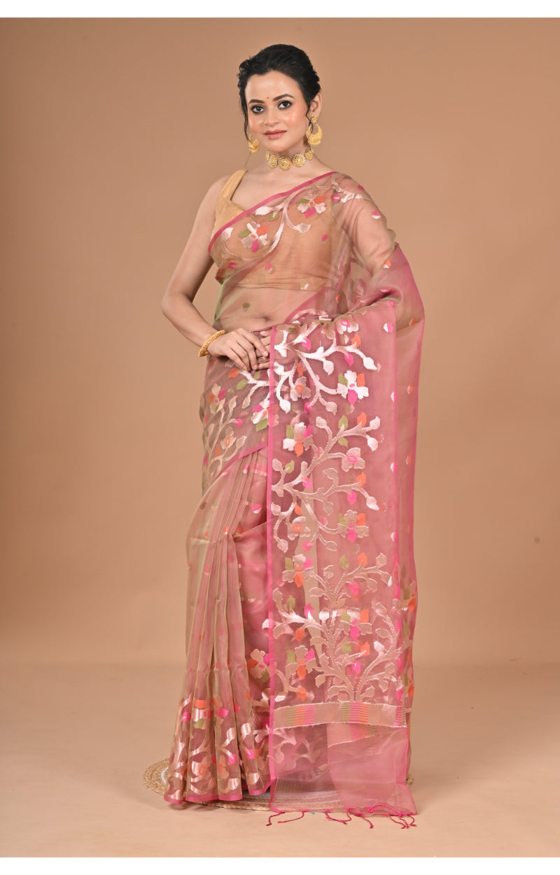 Morchari Semi Orzanga Jamdani Silk Saree-Mehendi | Grocsy