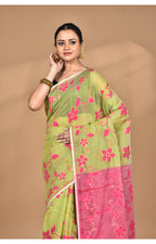 Morchari Pure Cotton Dhakai Jamdani Handloom Saree-Green | Grocsy
