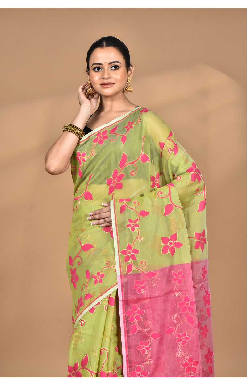 Morchari Pure Cotton Dhakai Jamdani Handloom Saree-Green | Grocsy