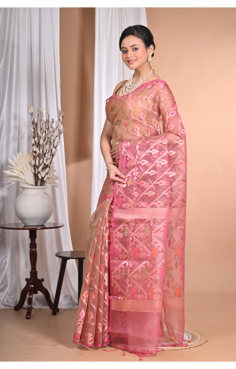 Morchari Heavy Jamdani Silk Orzanga Saree-Peach | Grocsy