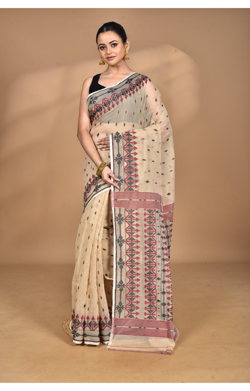 Morchari Pure Cotton Dhakai Jamdani Handloom Saree-Beige | Grocsy