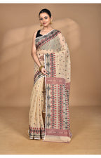 Morchari Pure Cotton Dhakai Jamdani Handloom Saree-Beige | Grocsy