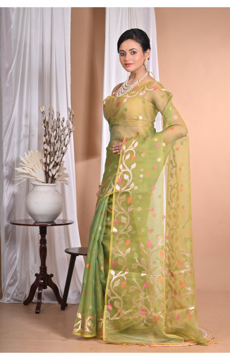 Morchari Heavy Jamdani Silk Orzanga Saree-Green | Grocsy