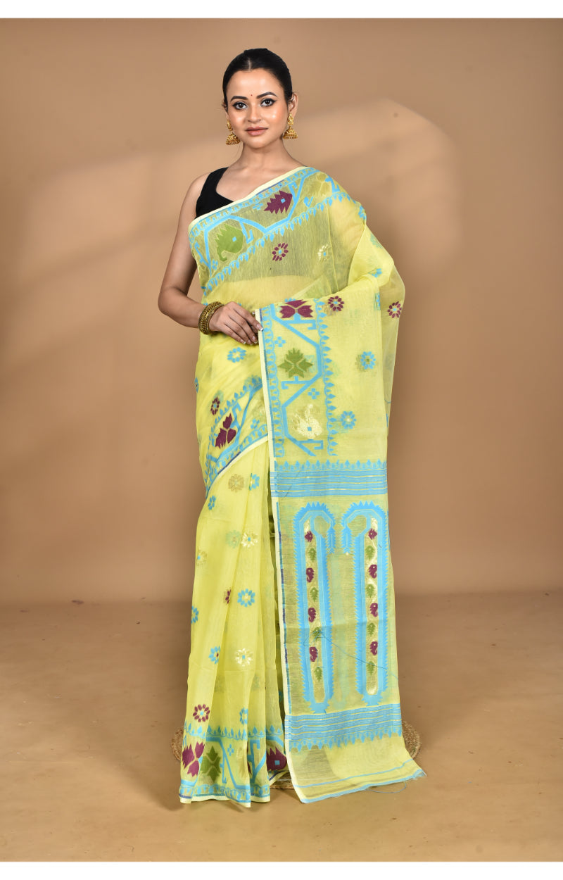 Morchari Pure Cotton Dhakai Jamdani Handloom Saree-Yellow | Grocsy