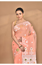 Morchari Pure Cotton Dhakai Jamdani Handloom Saree-Peach | Grocsy