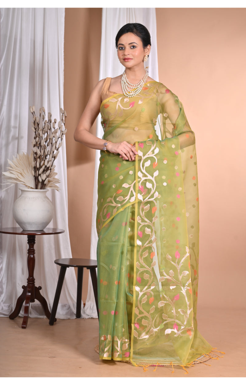 Morchari Heavy Jamdani Silk Orzanga Saree-Green | Grocsy