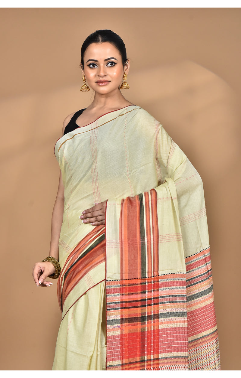 Morchari Pure Cotton Dhakai Jamdani Handloom Saree-Cream | Grocsy