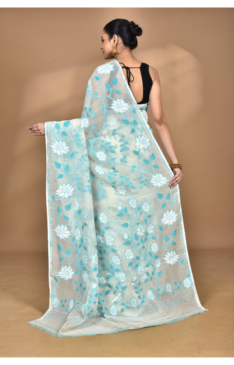 Morchari Pure Cotton Dhakai Jamdani Handloom Saree-Beige | Grocsy