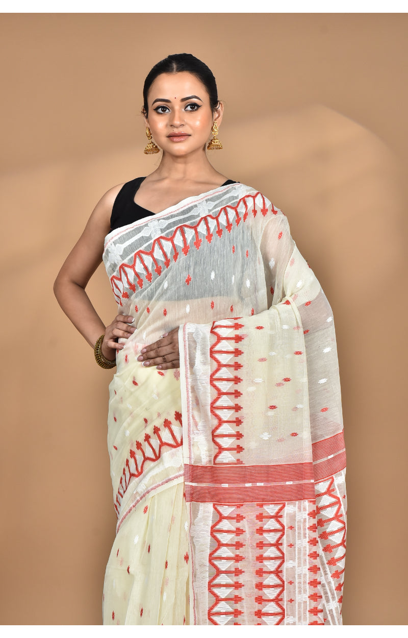 Morchari Pure Cotton Dhakai Jamdani Handloom Saree-Cream | Grocsy