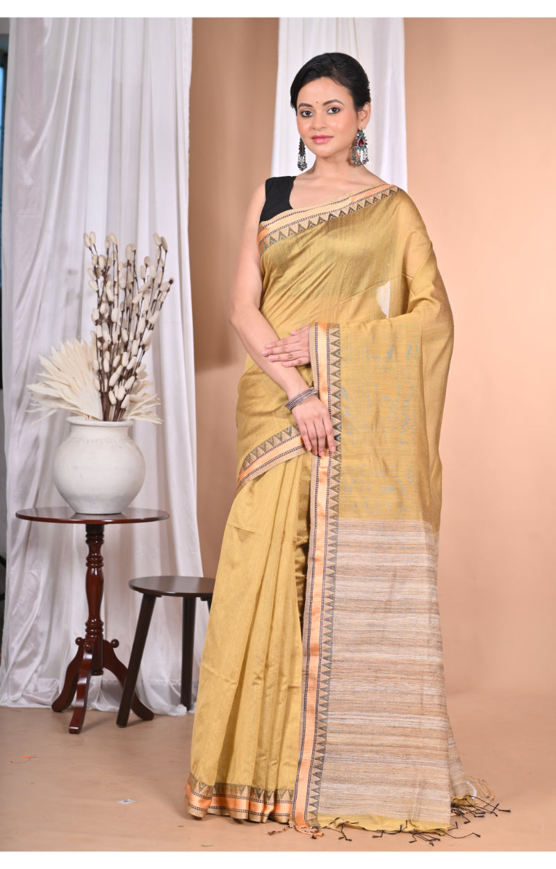 Morchari Pure Cotton Dhakai Jamdani Handloom Saree-Light Golden | Grocsy