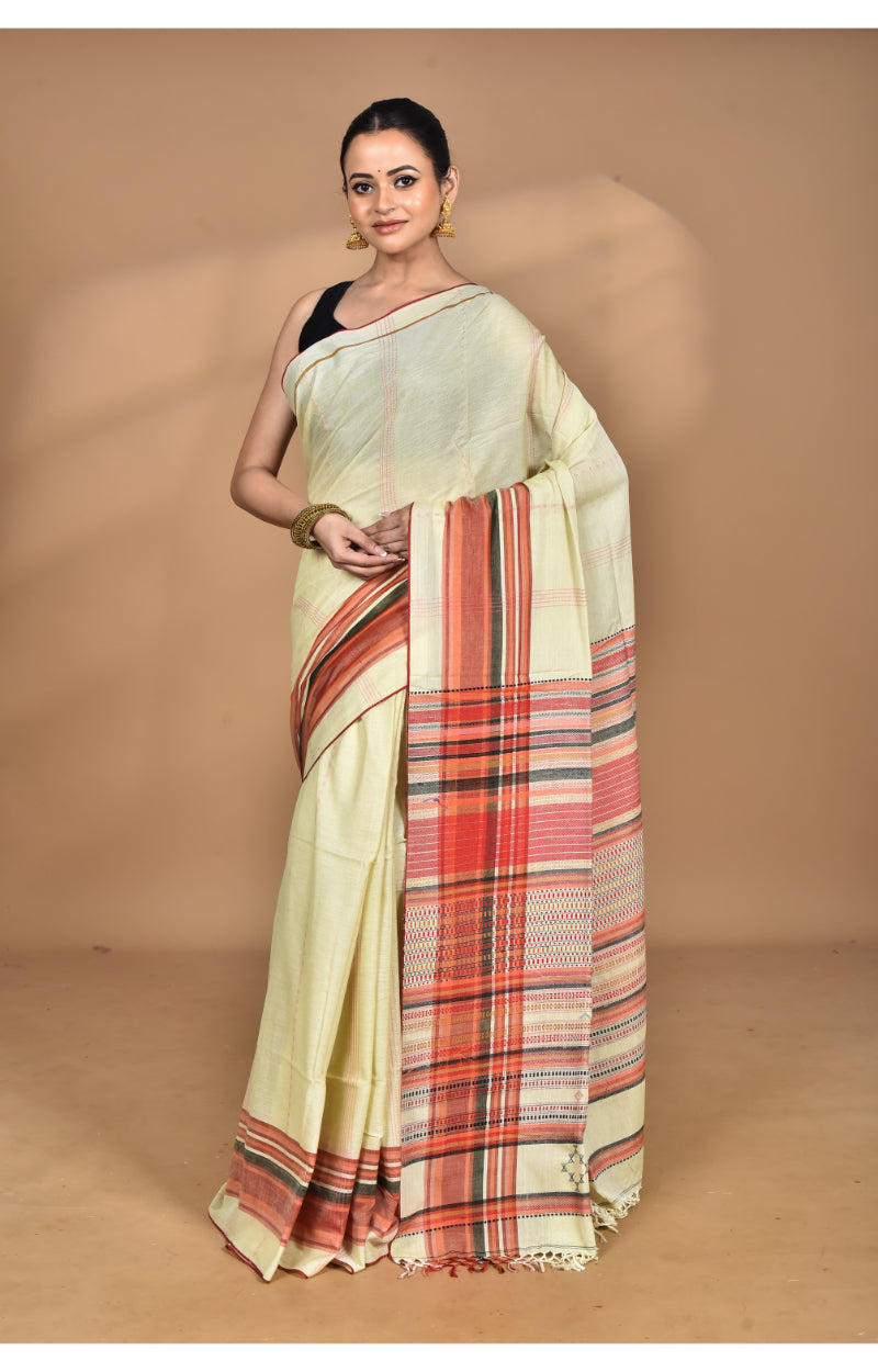 Morchari Pure Cotton Dhakai Jamdani Handloom Saree-Cream | Grocsy