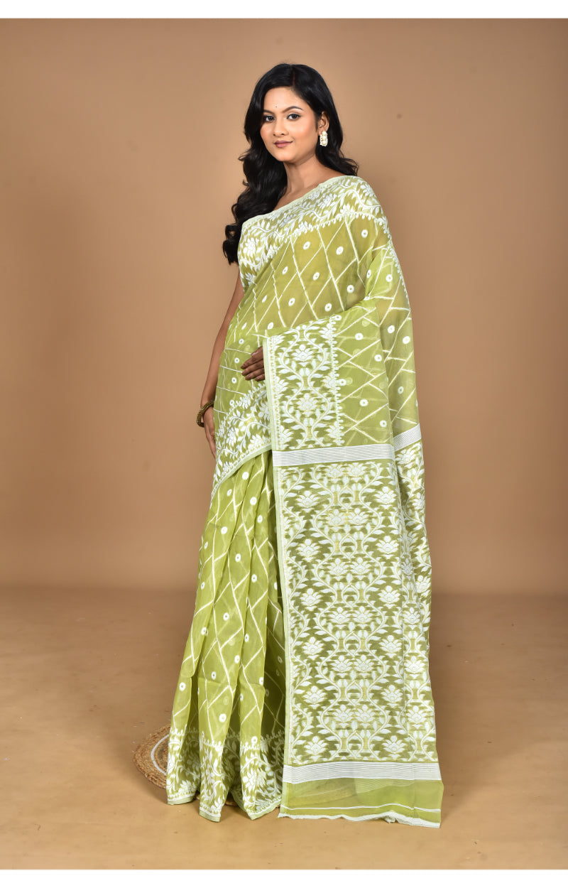 Morchari Pure Cotton Dhakai Jamdani Handloom Saree-Green | Grocsy