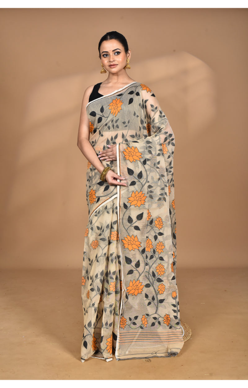 Morchari Pure Cotton Dhakai Jamdani Handloom Saree-Multi | Grocsy