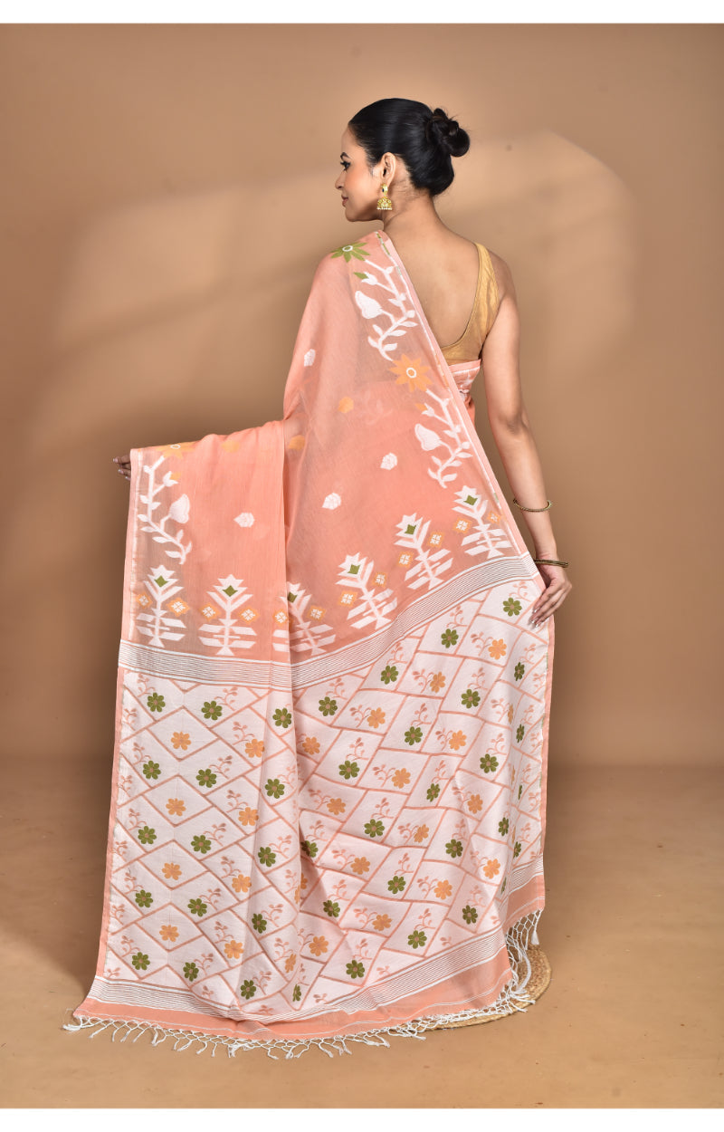 Morchari Pure Cotton Dhakai Jamdani Handloom Saree-Peach | Grocsy