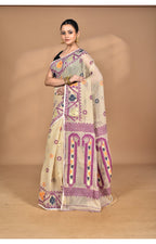 Morchari Pure Cotton Dhakai Jamdani Handloom Saree-Beige | Grocsy
